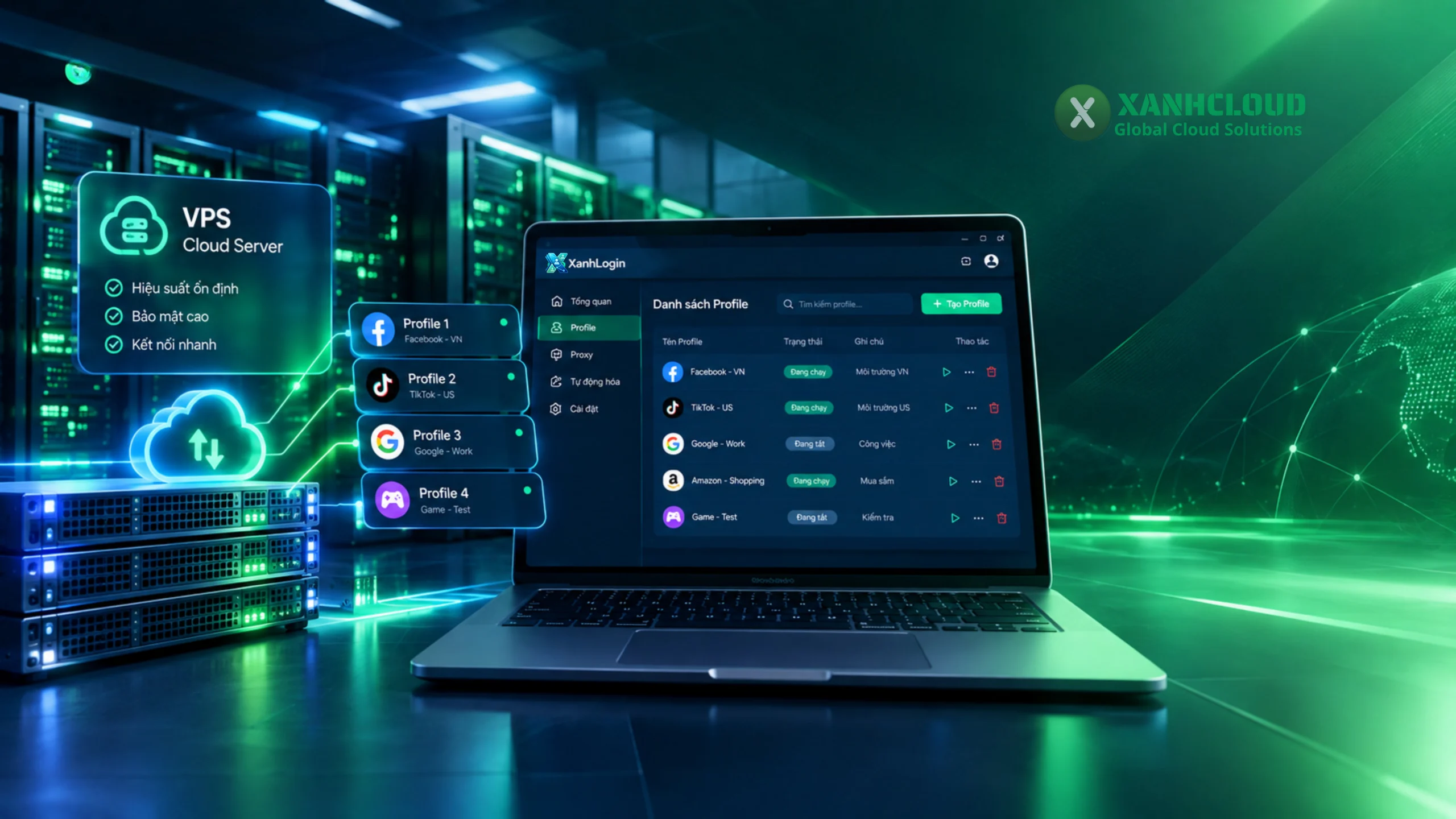 XanhLogin chạy trên VPS để quản lý nhiều Profile