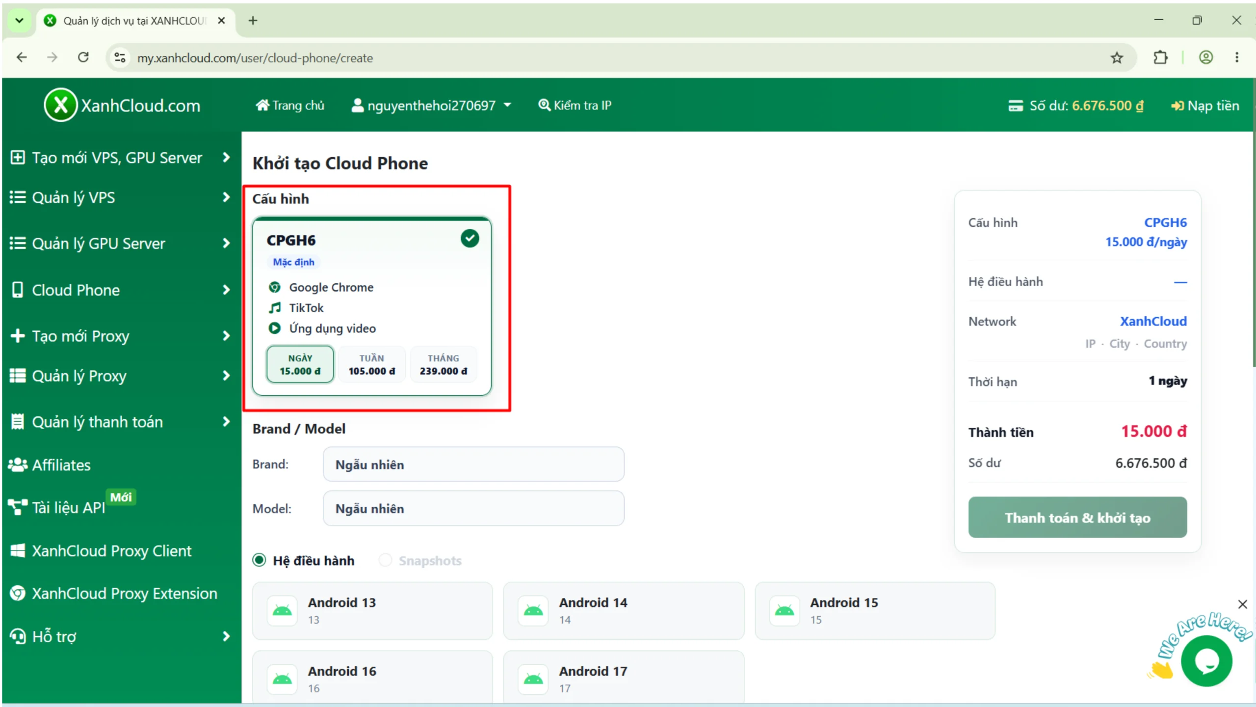 Chọn cấu hình CPGH6 và thời hạn Cloud Phone trên XanhCloud