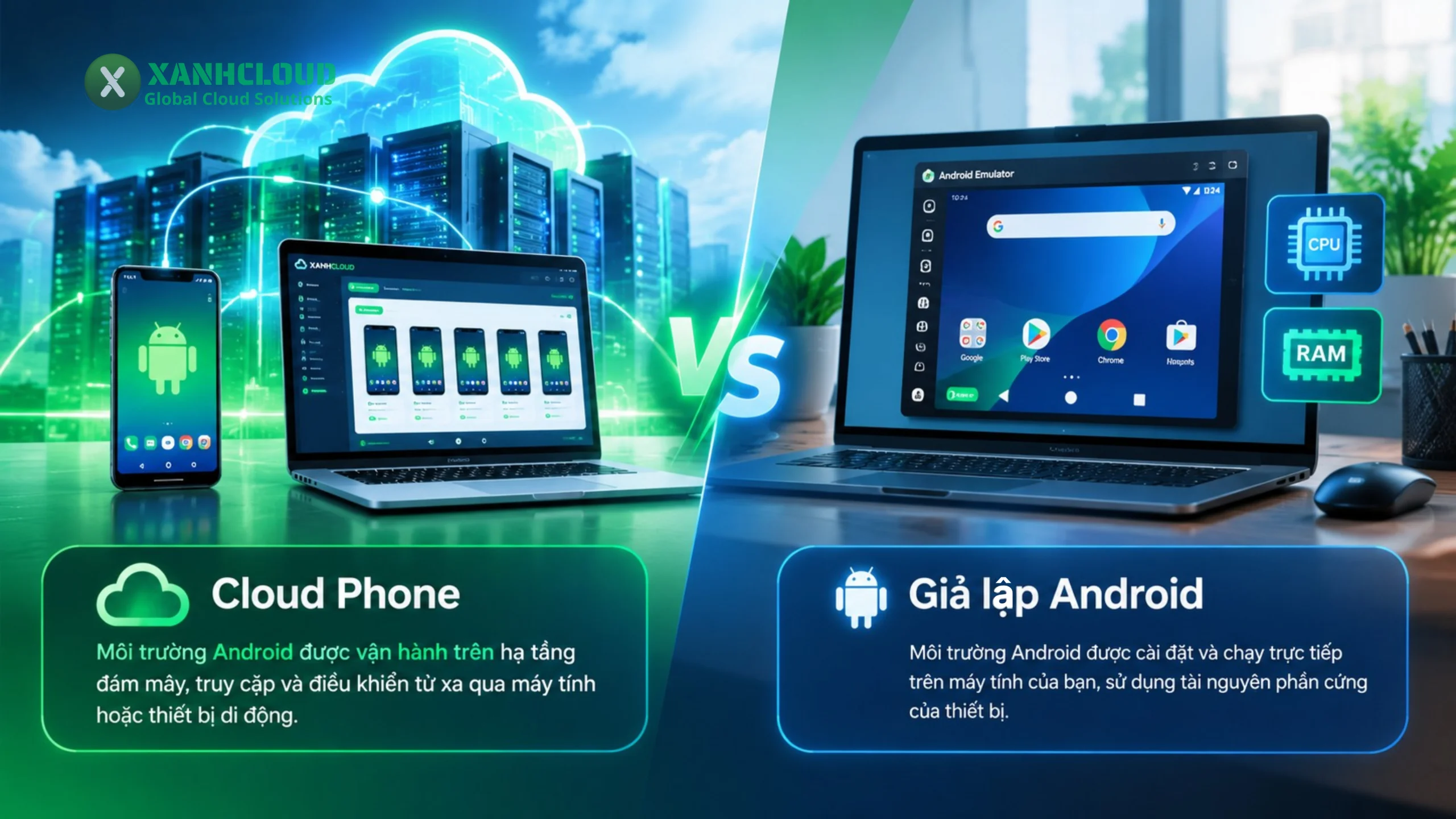 So sánh Cloud Phone chạy trên hạ tầng đám mây và giả lập Android chạy trên máy tính