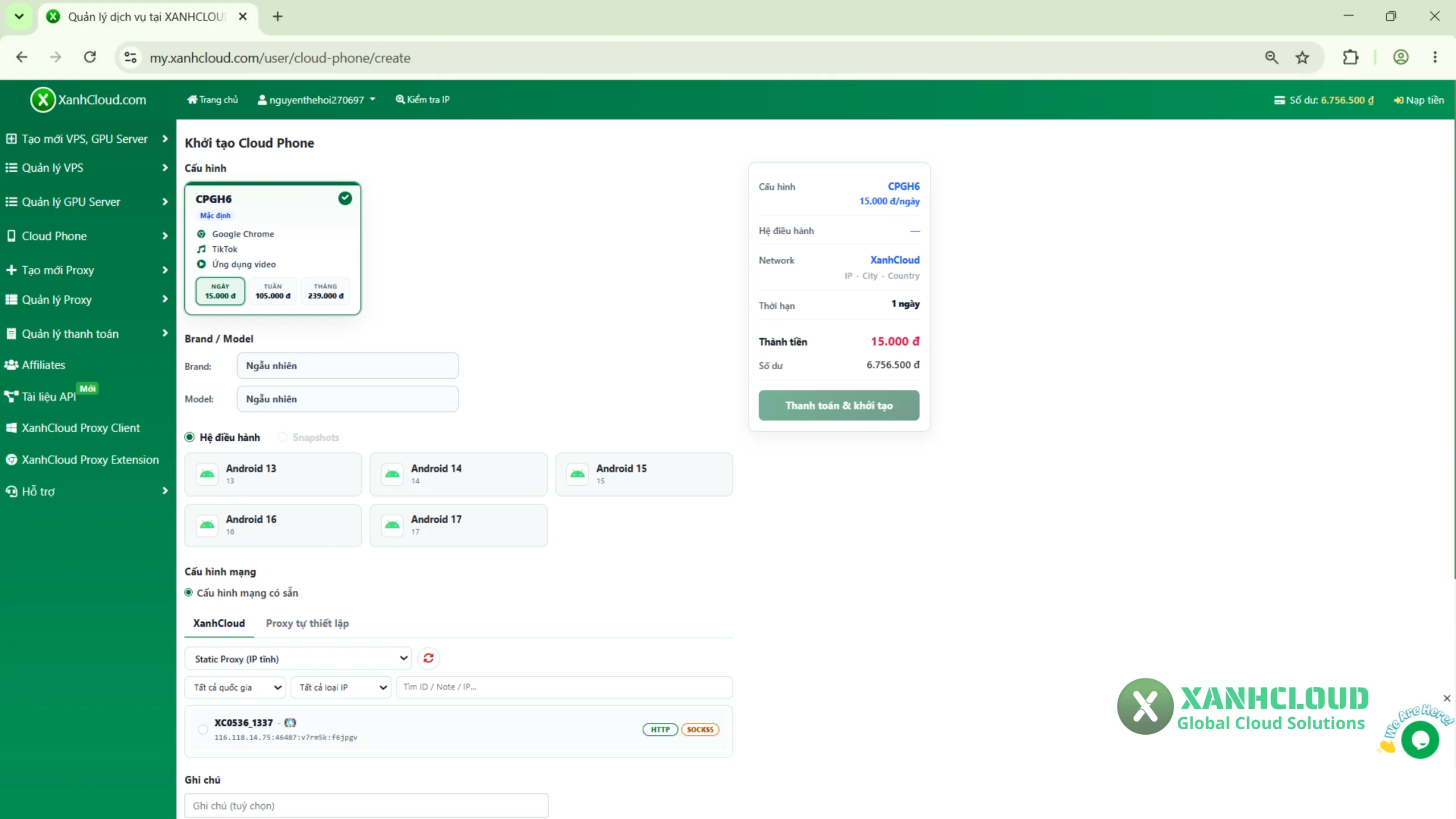 Khởi tạo Cloud Phone với Proxy trên XanhCloud