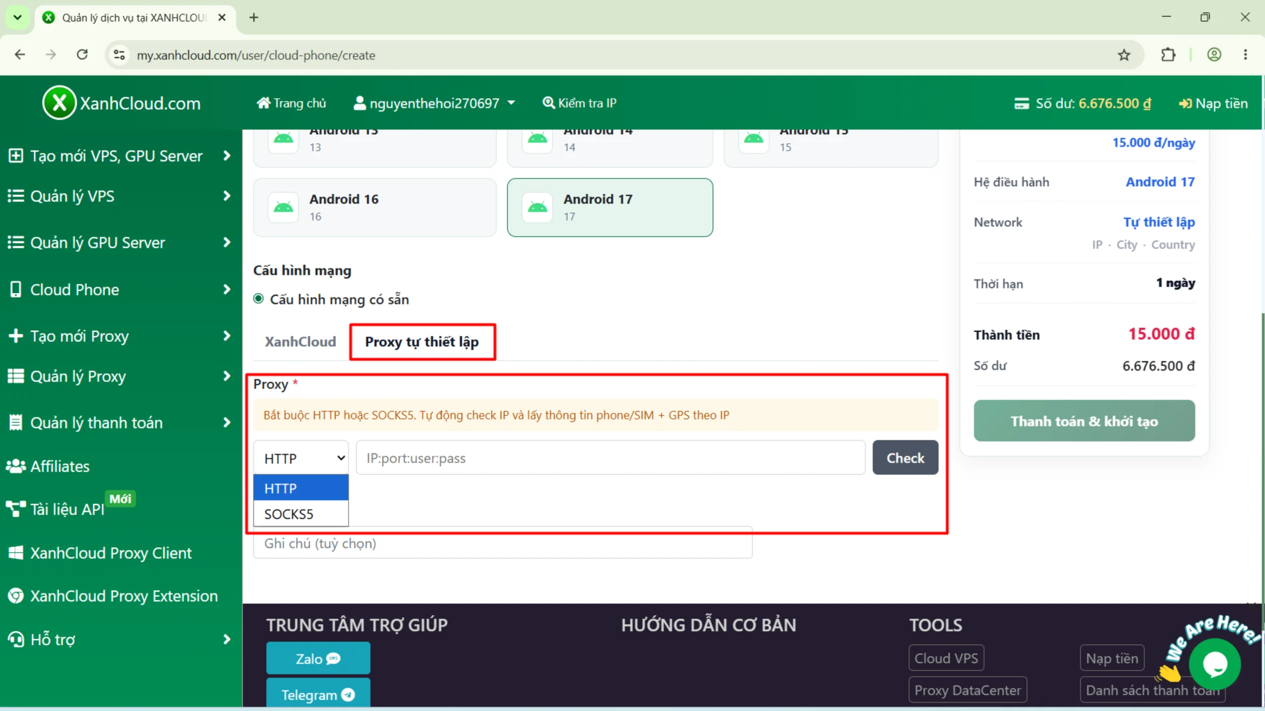 Nhập Proxy HTTP hoặc SOCKS5 và nhấn Check khi khởi tạo Cloud Phone XanhCloud