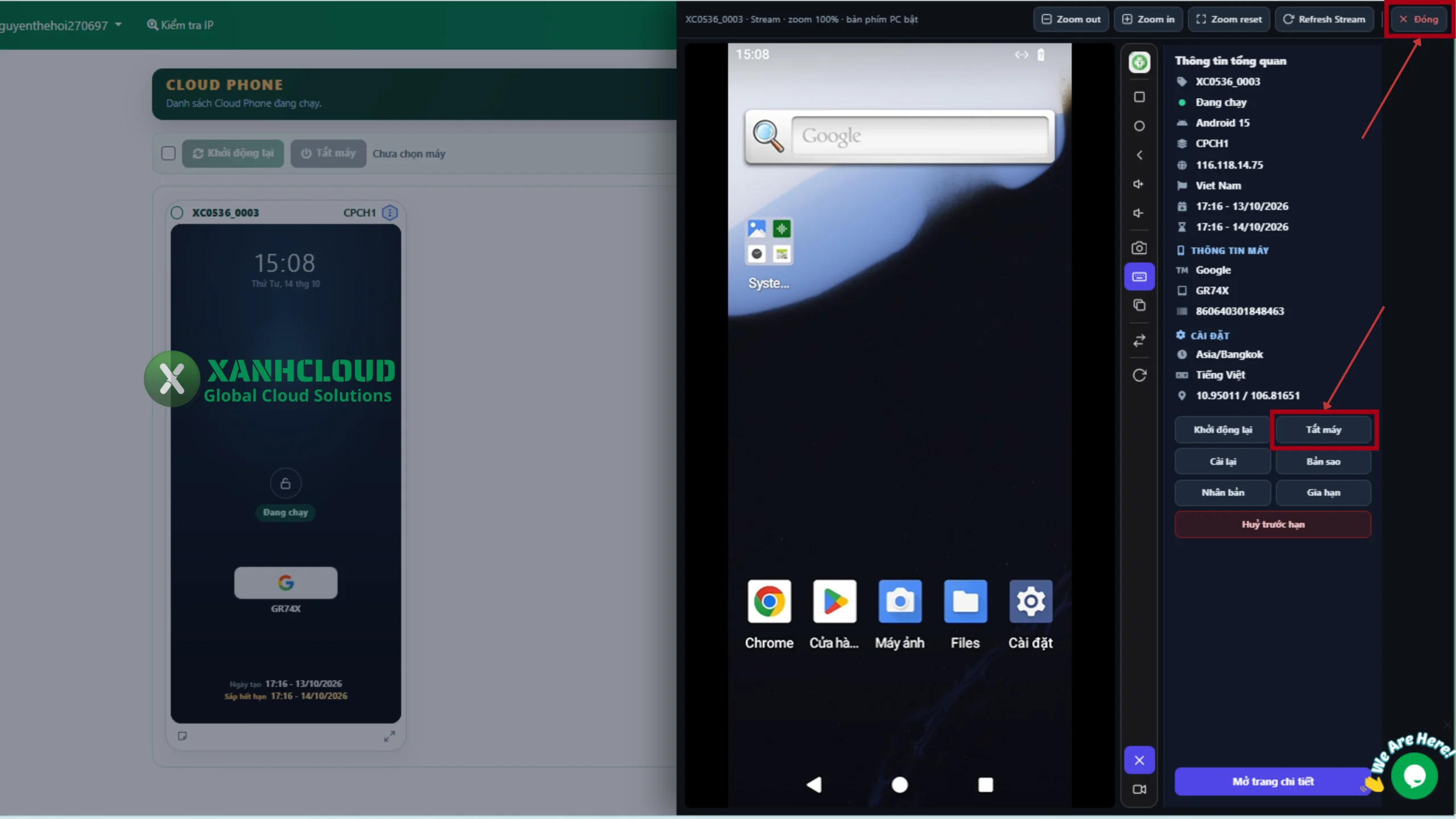 Phân biệt đóng stream và tắt máy cloud phone xanhcloud